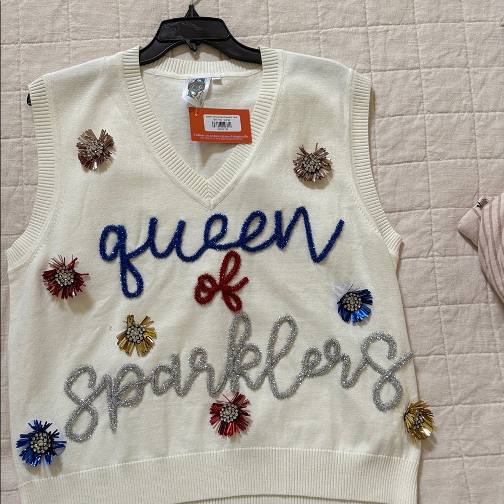 QUEEN OF SPARKLES Cream V-Neck Sweater Vest